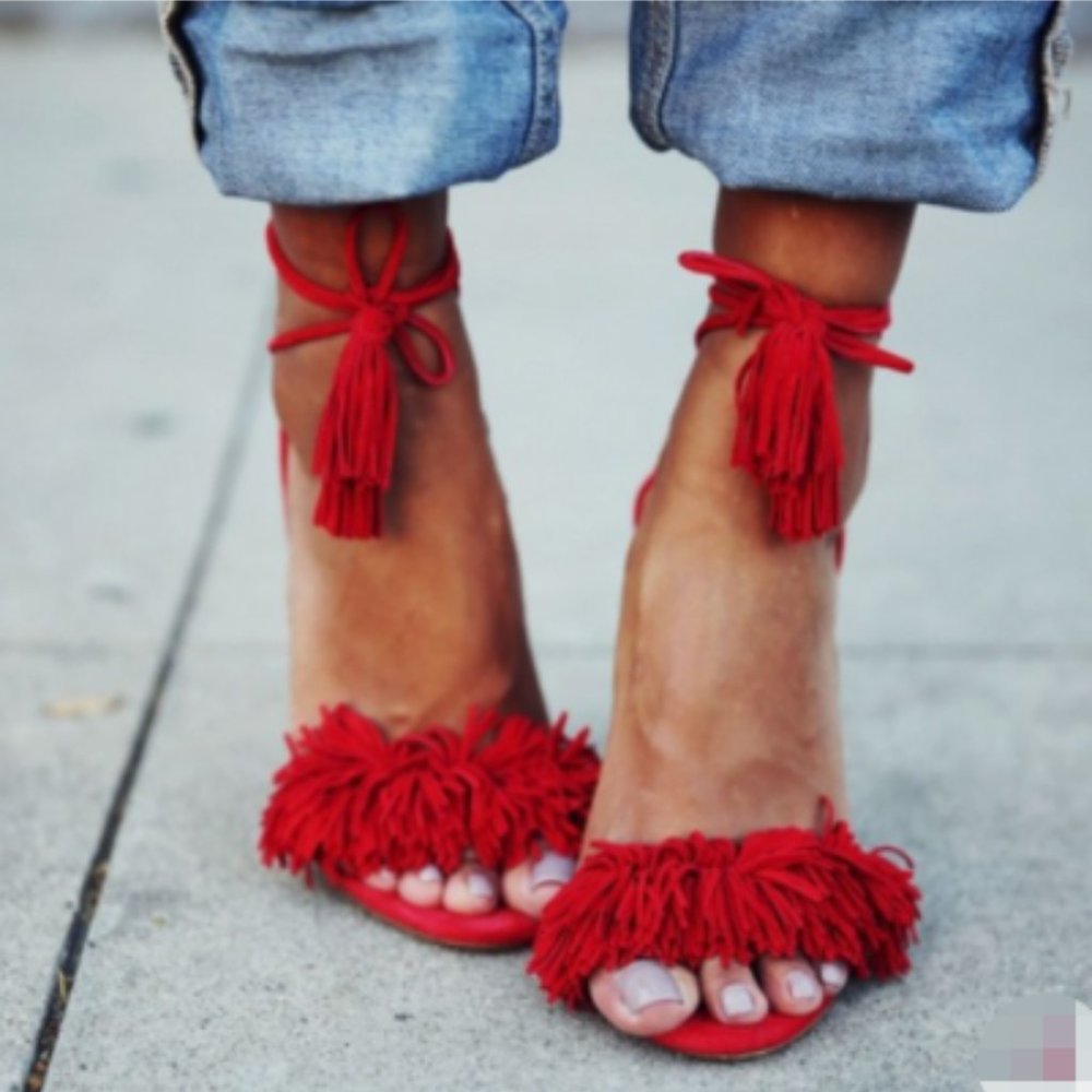 FSJ Red Fringe Sandals Tassels Strappy Heel
